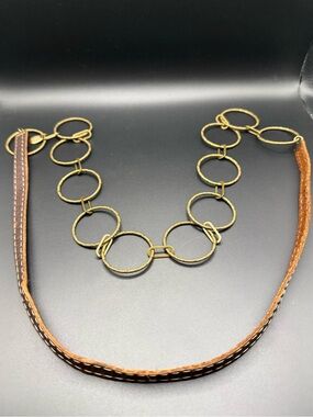 Canoe Gold-Tone Ring Link Necklace with Brown Leather Strap